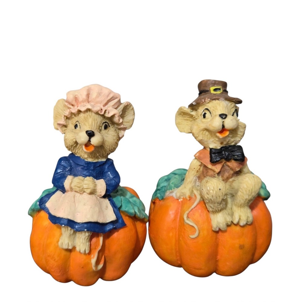 Vintage Thanksgiving Pilgrim Mice on Pumpkins Figurines Harvest Autumn Decor Set